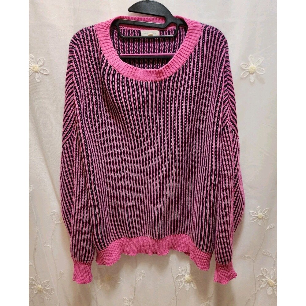 AND THE WHY WOMENS S/M PINK BLACK SWEATER RIBBED OVERSIZED DOLMAN STRIPED ROOMY